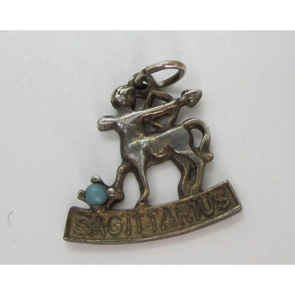 Sterling Silver Sagittarius Zodiac Sign Charm Pendant  Aqua Stone  Vintage